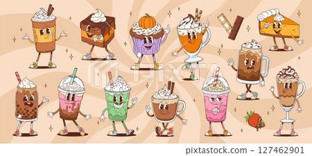 Retro hippie dessert characters of cartoon coffee cups and pastry food. Vector psychedelic y2k chocolate cake, tea and coffee sweet drinks with cream. Cute groovy muffin, pie, cappuccino and cupcake 127462901