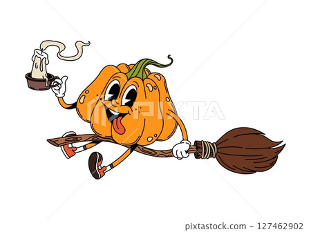 Cartoon groovy pumpkin Halloween character riding a witch broomstick, holding melting candle in one hand. Isolated vector playful y2k retro gourd personage has a mischievous grin and vintage sneakers 127462902