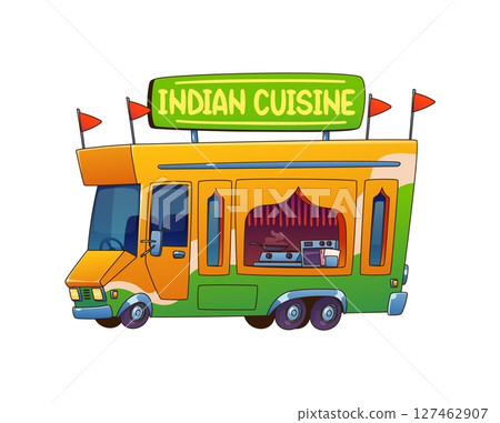 Food truck or Indian cuisine street food car van, cartoon vector mobile kiosk. Indian curry meals truck or street food booth of summer festival park and street food market vendor trade stall 127462907