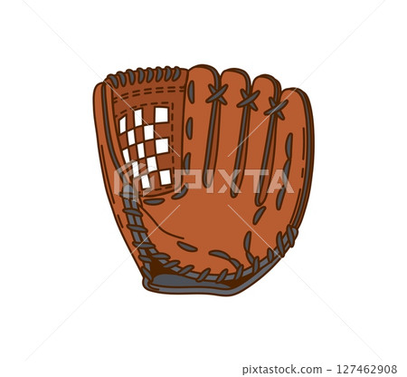 Cartoon groovy retro baseball glove. Vector leather mitt, vintage sports equipment with Y2K aesthetic with detailed stitching, emphasizing sporty vibes. Classic sports gear for catching balls on field Cartoon groovy retro baseball glove. Vector leather mitt, vintage sports equipment with Y2K aesthetic with detailed stitching, emphasizing sporty vibes. Classic sports gear for catching balls on field 127462908