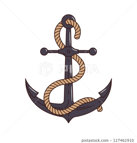 Cartoon groovy pirate and corsair ship anchor. Isolated vector traditional navy anchor wrapped with a thick rope. Nautical sailing equipment symbolizing strength, stability, and maritime adventure 127462910