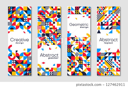 Abstract geometric banners with modern pattern and shapes. Retro vector covers, vertical backgrounds, layouts or flyer templates with minimal figures as circle, triangle, dot, line and square elements Abstract geometric banners with modern pattern and shapes. Retro vector covers, vertical backgrounds, layouts or flyer templates with minimal figures as circle, triangle, dot, line and square elements 127462911