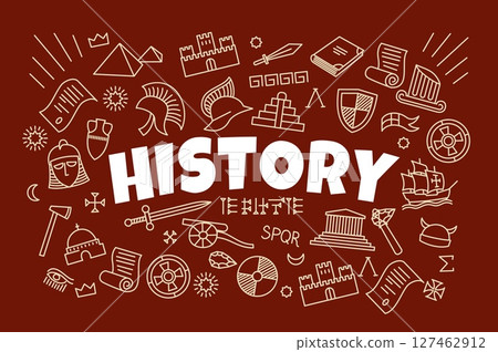 History symbols and icons on school board, vector science of ancient world. Sketch chalk archeology artifacts, egyptian pyramids, parchment scrolls, roman helmets, shield History symbols and icons on school board, vector science of ancient world. Sketch chalk archeology artifacts, egyptian pyramids, parchment scrolls, roman helmets, shield 127462912