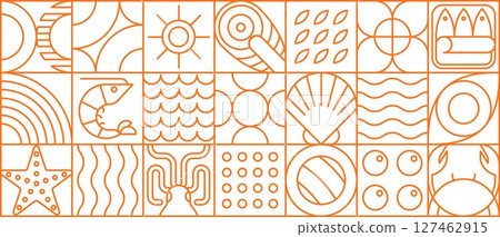Seafood food in modern line geometric pattern or mosaic tile, vector background. Seafood pattern in thin line geometry with shrimp or salmon, crab and oyster, sardines and caviar in geometric outline 127462915