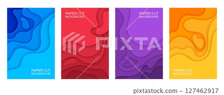 Color shape paper cut wave background posters. Vector 3d origami art craft abstract geometric pattern with wavy paper cut layers. Cutout blue, yellow, red and purple color wave shapes banners set 127462917