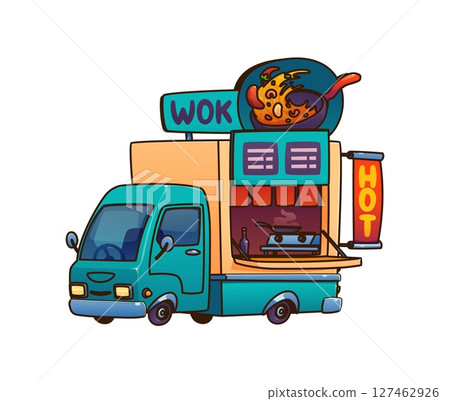Cartoon wok food truck car, festival street foodtruck van, vintage festival catering mobile booth features giant takeout noodle box with chopsticks on top. Vector retro cafe represents Asian cuisine 127462926