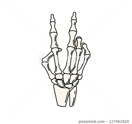 Cartoon groovy Halloween skeleton hand forming the iconic V symbol for victory gesture. Isolated vector eerie skeletal arm with outstretched bony fingers, symbolizing triumph and success 127462929