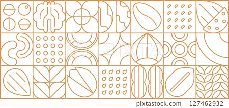 Nut and legume modern line geometric pattern. Design cover or flyer minimal shape background, tile geometric outline vector pattern with thin line hazelnut, cashew, pistachio, almond and pecan, walnut Nut and legume modern line geometric pattern. Design cover or flyer minimal shape background, tile geometric outline vector pattern with thin line hazelnut, cashew, pistachio, almond and pecan, walnut 127462932