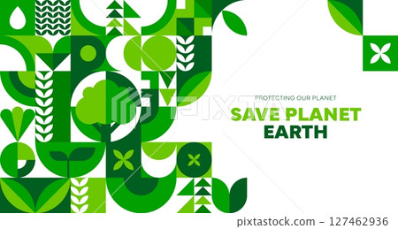 Save Earth environment ecology poster with green geometric pattern, vector banner. Save planet and protect earth poster for nature conservation and green ecology protection and biodiversity concept 127462936