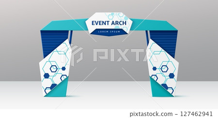 Exhibition turquoise and azure event arch, gate or entrance vector 3d mock up. Realistic rectangular arched gate to stage, outdoor exhibition booth, marathon start arch with abstract geometric pattern 127462941
