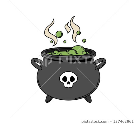 Cartoon groovy Halloween witch cauldron with green brew and skull symbol. Isolated vector mystical pot brimming with bubbling liquid concoction, emitting an eerie otherworldly mystic glowing haze 127462961