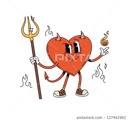 Cartoon groovy Halloween heart with devil horns and trident, vector funny character. Halloween holiday symbol for horror night party, groovy heart character with mean smile on face and hell fire burn 127462962