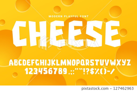Cheese rough fun font, cutout type, cartoon english alphabet, snack food typeface. Vector typography characters, funny playful kids abc typeset letters, numbers and signs with chopped irregular shapes 127462963