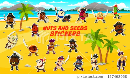 Cartoon nut pirate and corsair characters stickers pack. Vector fun seeds dressed as swashbuckling adventurers, equipped with swords, pistols and filibuster hats, hunting treasure on tropical island Cartoon nut pirate and corsair characters stickers pack. Vector fun seeds dressed as swashbuckling adventurers, equipped with swords, pistols and filibuster hats, hunting treasure on tropical island 127462968