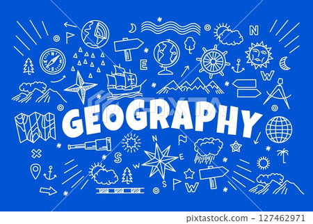 Geography symbols and icons on school board. Vector sketch chalk compass, Earth globe and world map signs, wind rose and North star, clouds and arrows on background 127462971