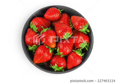 Strawberry in a ceramic bowl isolated on white background, Top view. Flat lay. Strawberry in a ceramic bowl isolated on white background, Top view. Flat lay. 127463114