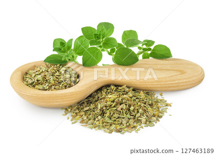Oregano or marjoram leaves fresh and dry in wooden spoon isolated on white background. Top view. Flat lay. 127463189