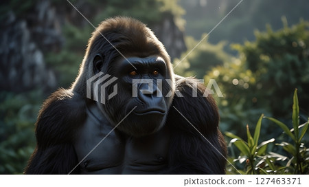 With eyes full of wisdom, the gorilla sits still, as if pondering the fate of the forest. 127463371