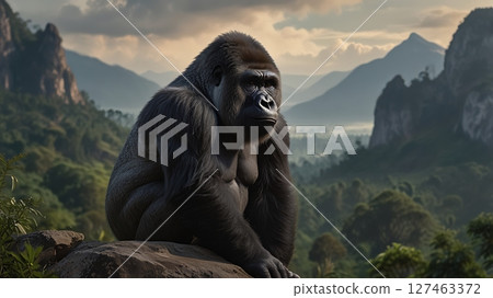 Deep in the rainforest, a lone gorilla seems to reflect on the silence of his vanishing world. 127463372