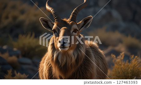 Detailed view of a markhor's majestic face in a rugged highland setting, capturing texture, strength, and natural grace 127463393