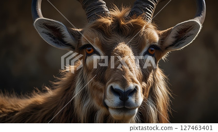 Markhor standing proudly in a windy mountain setting, framed by the stark beauty of nature 127463401