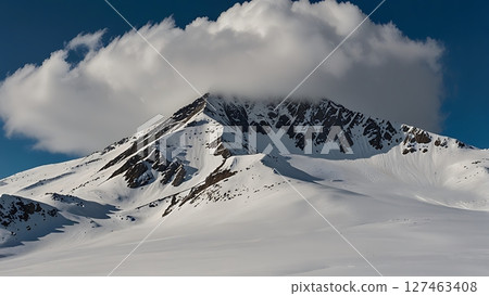 Breathtaking view of a snow-covered mountain encircled by misty clouds in a winter wonderland 127463408