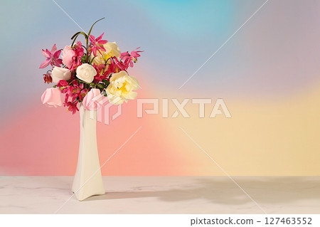 Beautiful still life with cream tea rose and columbine flowers on elegant modern table,Abstract flower arrangement. template for your design , minimalist beauty concept, floral card Beautiful still life with cream tea rose and columbine flowers on elegant modern table,Abstract flower arrangement. template for your design , minimalist beauty concept, floral card 127463552
