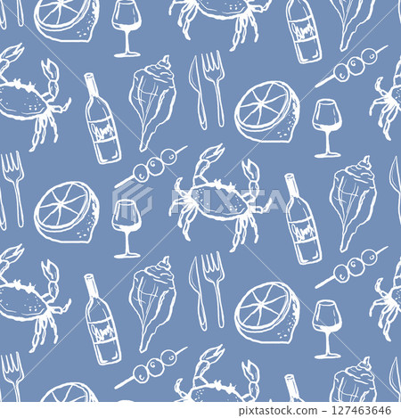 Sea food vacation seamless pattern. Wine, crab, seashells and lemon hand drawn illustration. Design for textile, paper wrap restaurant and menu 127463646