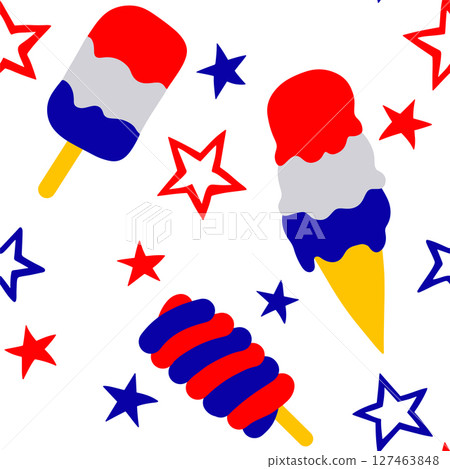 Vector seamless pattern for American Independence Day. Ice cream and stars, fireworks. 127463848