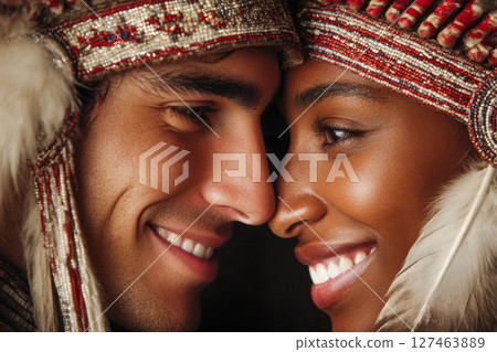 Couple in traditional attire smiling closely, showcasing cultural heritage and connection 127463889