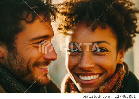 Smiling couple enjoying a warm moment outdoors with soft sunlight illuminating their faces Smiling couple enjoying a warm moment outdoors with soft sunlight illuminating their faces 127463891