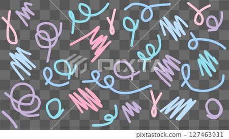Various colorful hand-drawn doodles and sketches are scattered across a transparent background. The artwork features abstract lines and shapes in soft pastel hues 127463931