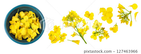 Rapeseed flowers in ceramic bowl isolated on white background, Top view. Flat lay 127463966