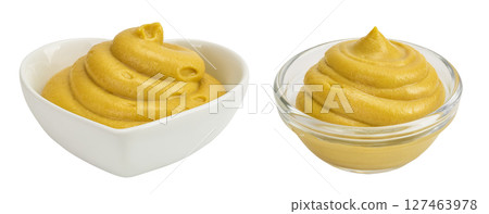 Mustard sauce in ceramic and glass bowl isolated on white background 127463978