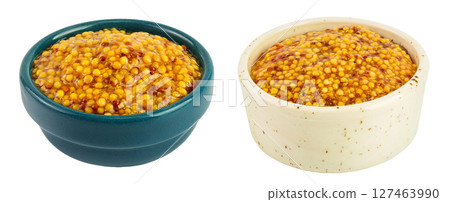 Bowl with french mustard isolated on white background with full depth of field Bowl with french mustard isolated on white background with full depth of field 127463990