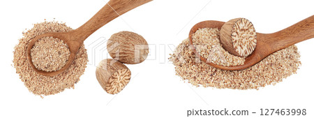 Whole and grated nutmeg in wooden spoon isolated on white background with full depth of field. Top view. Flat lay 127463998