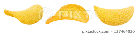 Potato chips isolated on white background with full depth of field. Potato chips isolated on white background with full depth of field. 127464020