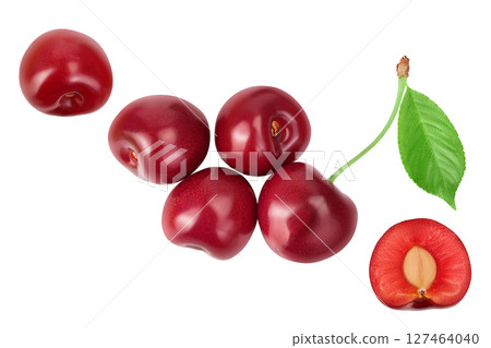 red sweet cherry isolated on white background . Top view. Flat lay red sweet cherry isolated on white background . Top view. Flat lay 127464040