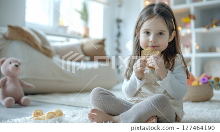 Cozy in the living room, a little girl eats her sandwich on the floor, savoring the simple pleasure of every bite. 127464190