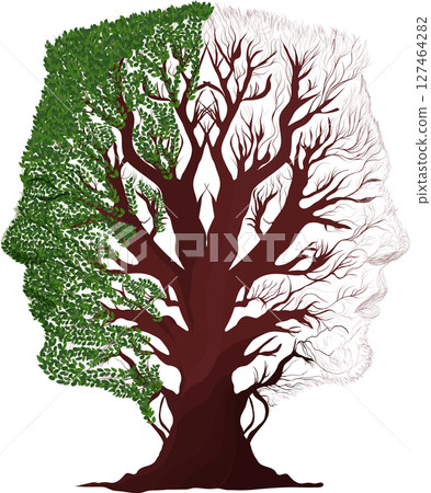 Bipolar disorder concept with human face tree half green and dry showing mental health contrast 127464282