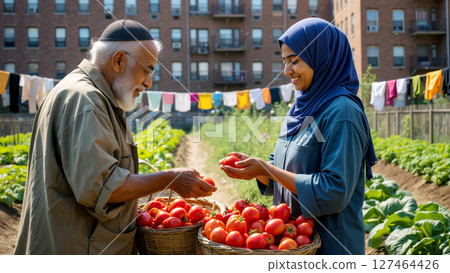 Elderly Man and Young Woman Harvesting Tomatoes in Community Garden on a Sunny Afternoon Elderly Man and Young Woman Harvesting Tomatoes in Community Garden on a Sunny Afternoon 127464426