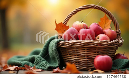 Basket filled with ripe red apples on a blurred autumn nature background, symbolizing harvest and seasonal abundance 127464588