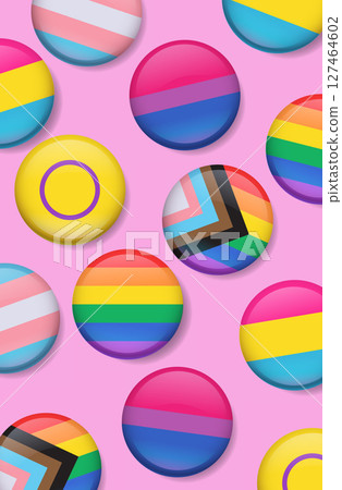 Pride buttons LGBTQ flags colorful round badges seamless pattern pink background diversity celebration decorative wallpaper Pride buttons LGBTQ flags colorful round badges seamless pattern pink background diversity celebration decorative wallpaper 127464602