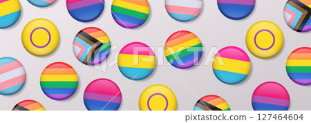 Pride month celebration colorful LGBTQIA+ badges diverse rainbow flags glossy round buttons seamless pattern light background banner 127464604