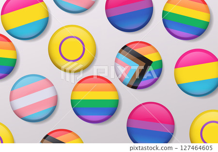 LGBTQ pride buttons collection colorful flags diverse community symbols glossy round badges seamless pattern light background 127464605