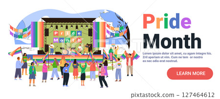 Pride month celebration outdoor stage concert crowd rainbow flags diverse people colorful decorations modern event landing page 127464612