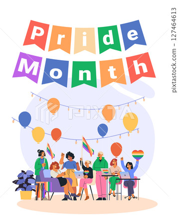 Pride month celebration diverse people rainbow flags balloons festive office teamwork lgbtq community colorful decor modern workplace 127464613