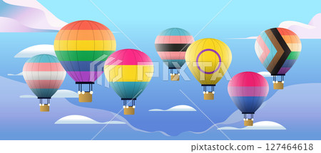 LGBTQ pride hot air balloons celebration diversity colorful balloons with various pride flag designs floating in blue sky with clouds modern banner 127464618