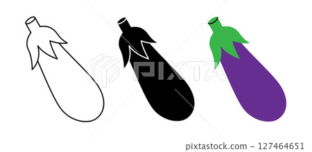 Fresh eggplant icon set. Fresh organic vegetable symbol for kitchen, menu, food package design. Vector illustration 127464651