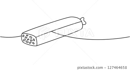 Pepperoni sausage one line continuous drawing. Butcher shop meat. Vector illustration. Pepperoni sausage one line continuous drawing. Butcher shop meat. Vector illustration. 127464658